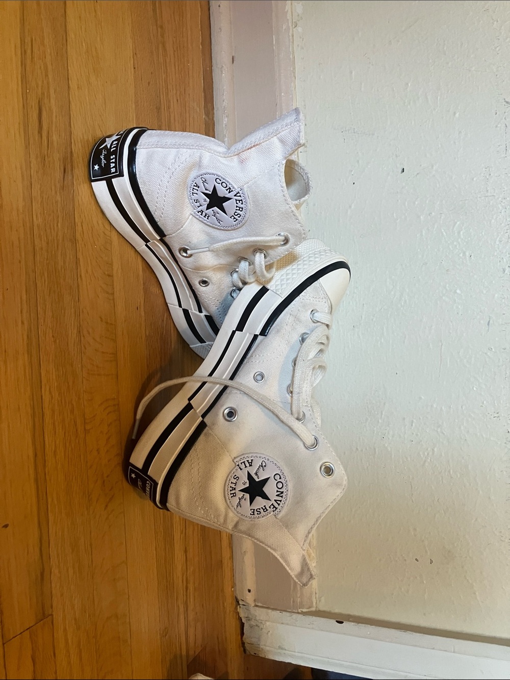 Converse White High-Top Canvas Sneakers with Black Stripes